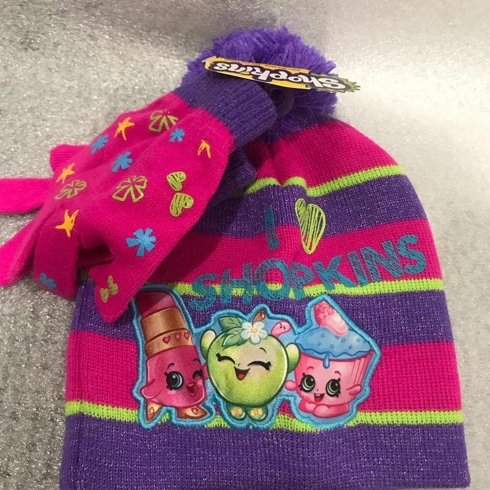 Shopkins Pink and Purple Beanie with Gloves